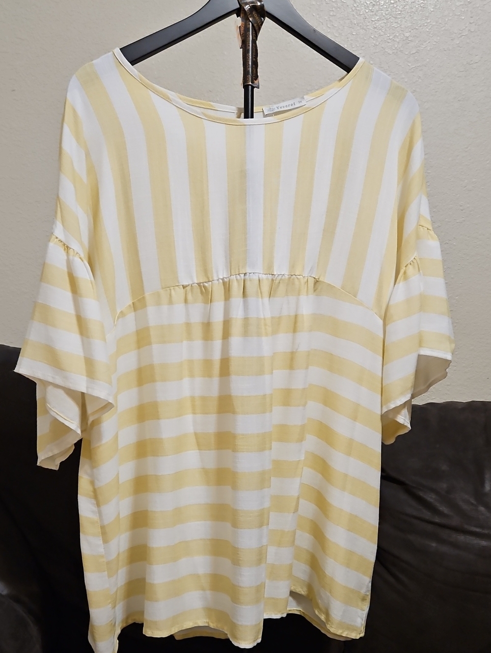 Unbranded Yellow & White Striped Flutter-Sleeve Tunic